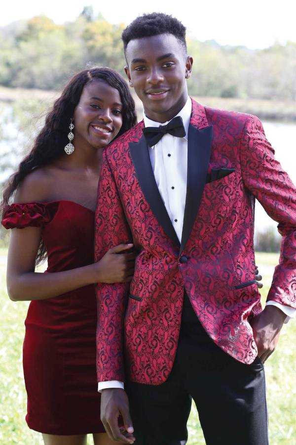 Rose Red and Black Prom Suit with bow and white shirt