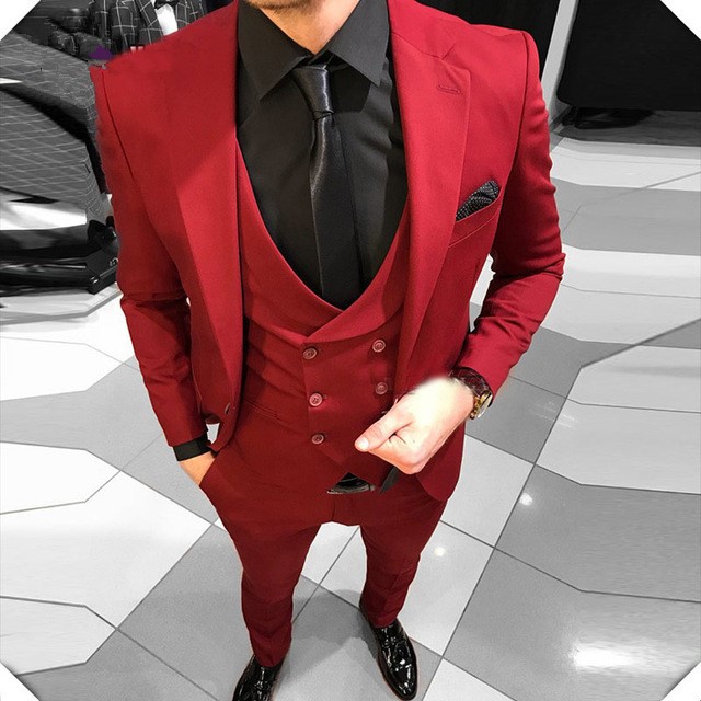 Bight Red Suit with Black Undershirt and Black Tie Prom Suit Idea